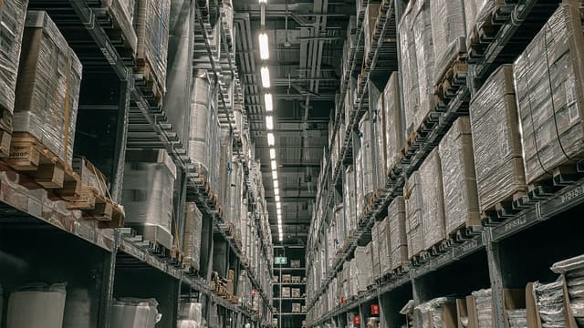 Wysokie regały z paletami w centrum dystrybucyjnym.